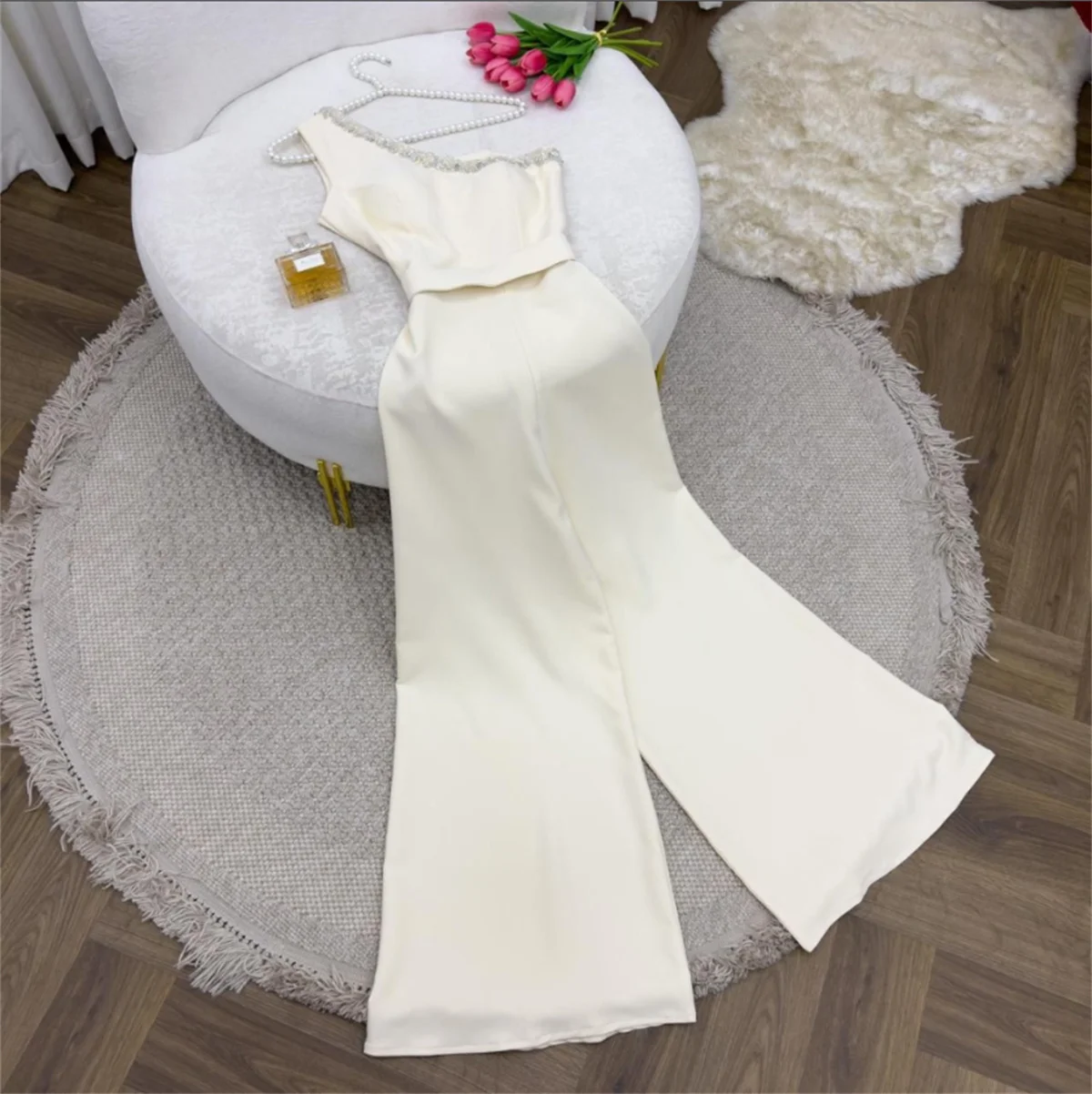 Elegante vestido de noche blanco Formal para mujer, manga de un solo hombro, longitud hasta la pantorrilla, vestido de noche personalizado, FRANCÉS