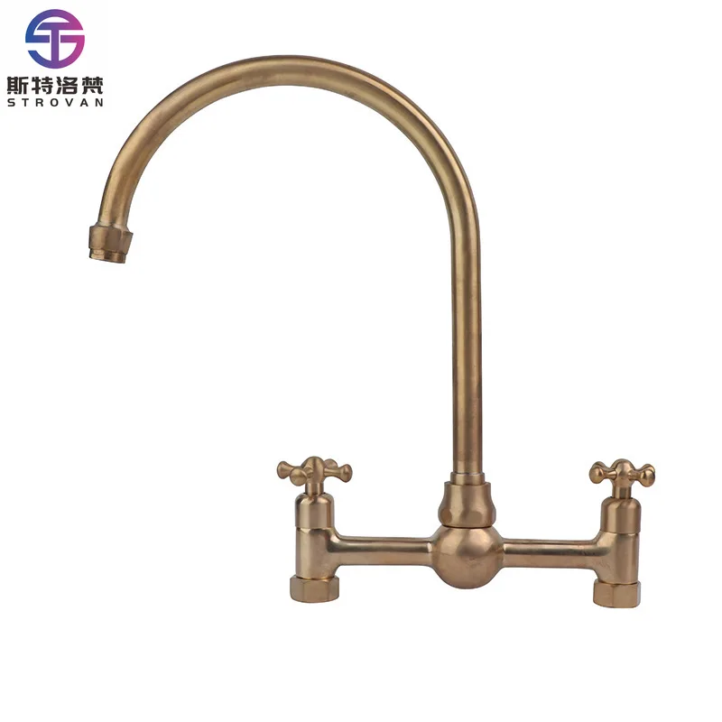 

Unpainted Brass Kitchen Sink Faucet 8 Inch Centerset Bridge Faucet 2 Handles Classic Heritage Bridge Kitchen Faucet
