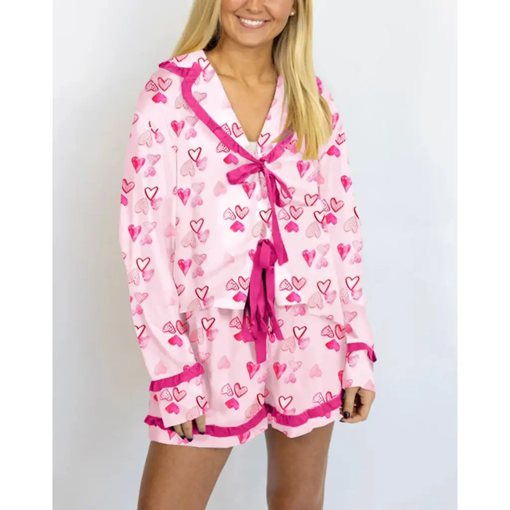 

HEZIOWYUN Women's 2Piece Heart Print Pajamas Lounewear Set Long Sleeve Lapel Neck Bow Tie Front Tops + Wide Leg Shorts Sleepwear
