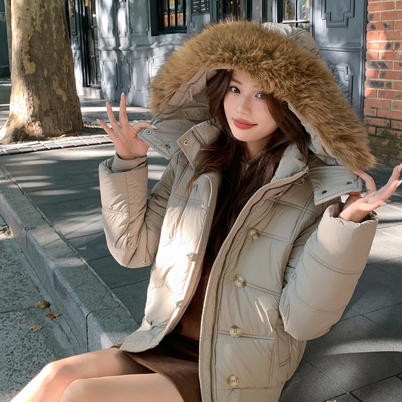 

2025 Ladies Fashion Detachable Hat Cotton Jacket Korean Fur Collar Hooded Parkas Female Winter Casual Warm Parka Coats