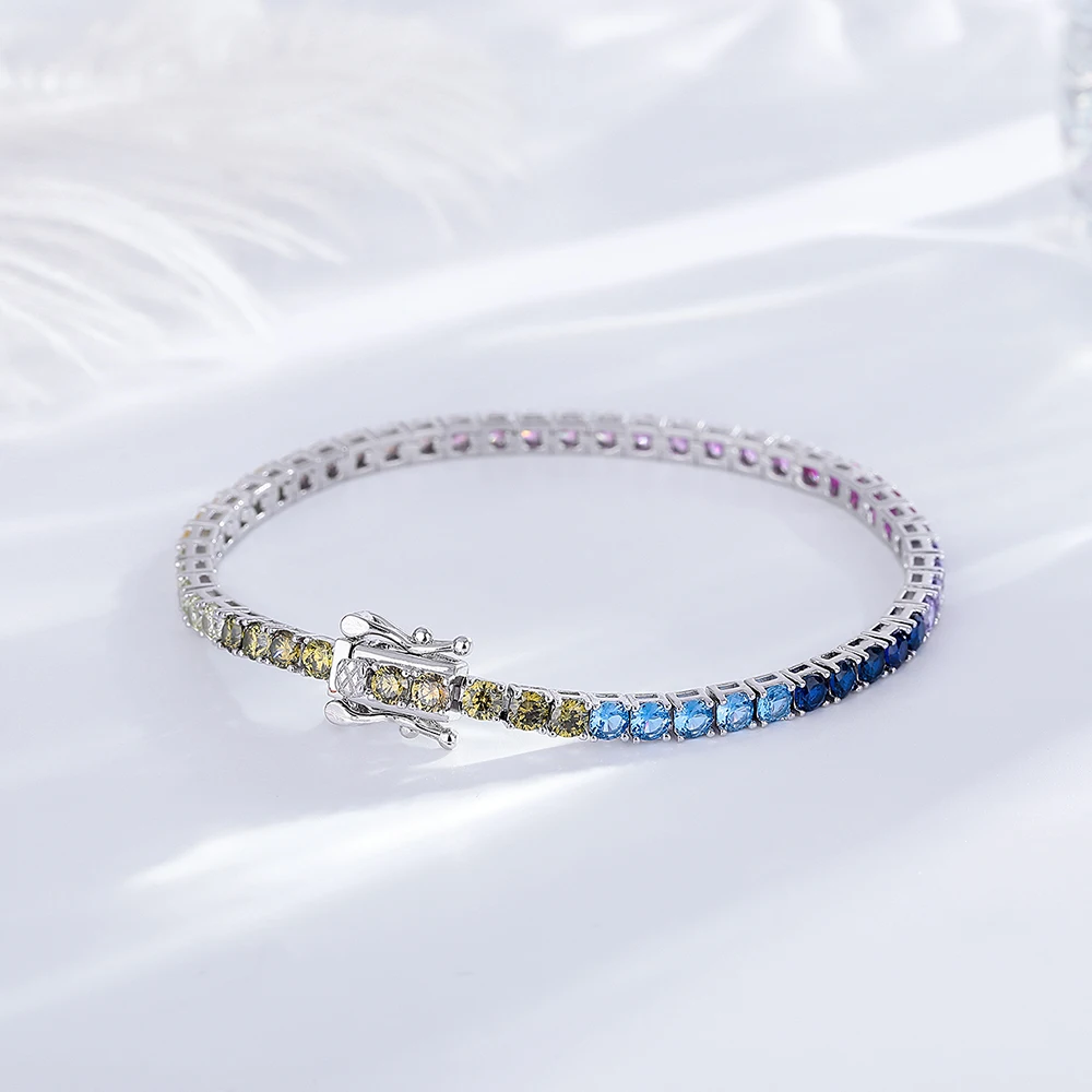 Pure Silver 14-21 cm Tennis Bracelet Pave 3 mm Bling Rainbow Zircon Beautiful Real 925 Jewelry For Women