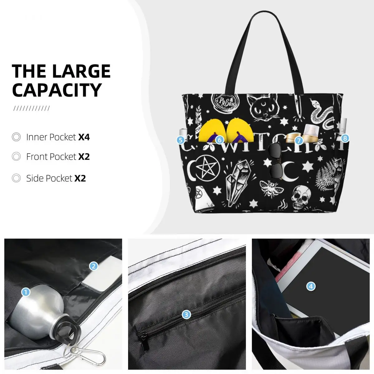 Skull Cat Moon Gothic Design Beach Tote Bag Sport Gym Yoga Duffle Large Tote Bag Women Travel Bag Fitness bag
