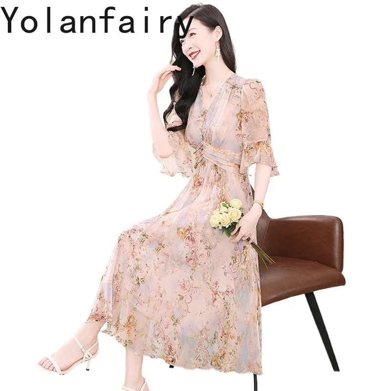 YOLANFAIRY 100%Natural Mulberry Silk Dress Women French Gentle Style V-neck Printed Dress Elegant Birthday Dresses Woman Vestido