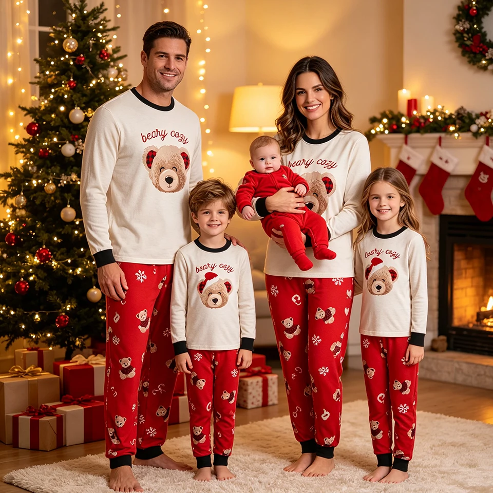 Cute Cartoon Teddy Bear Premium Family Matching Christmas Pajamas Xmas Sleepwear Loungewear for Men Women Boys Girls Baby Romper