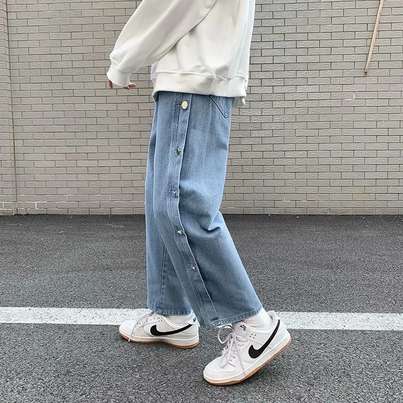 

Casual Waed Straight Leg Loose Fit Button Detail Jeans Hip Hop High Street Trendy Men's Jeans Autumn Straight Leg Trousers