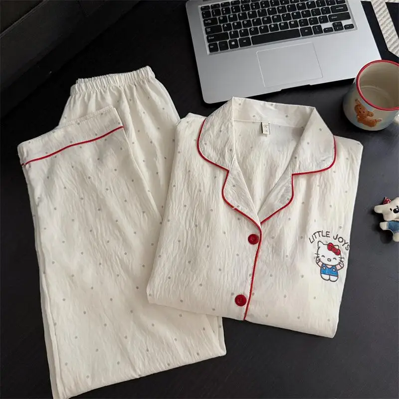 

Хлопковая пижама Hello Kitty Cloud Kawaii с героями мультфильмов, женские осенние длинные рукава, длинные брюки, тонкая версия, комплект домашнего костюма из 2 предметов