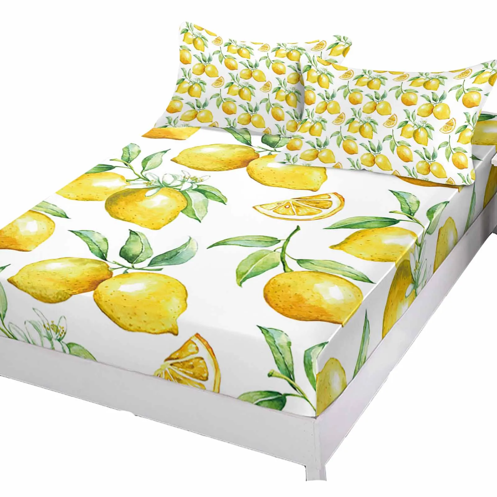 Watercolor Lemon Fruit Fitted Bed Sheet Cover Elastic Band Anti-slip Mattress Protector for Single Double King