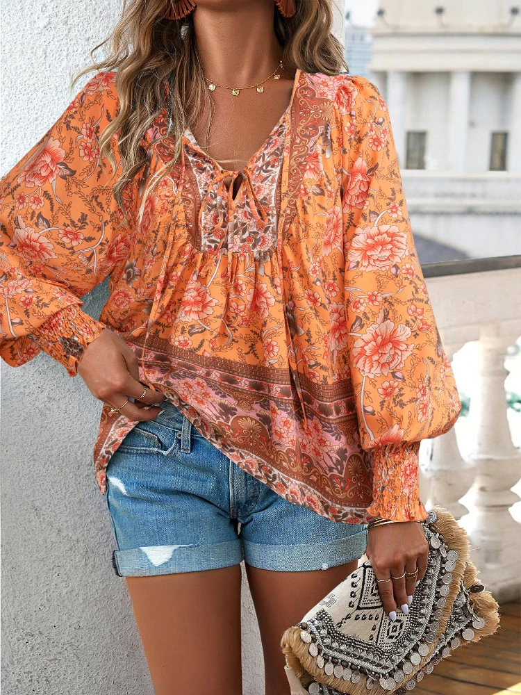 2024 Summer Fashion New Women\'s Elegant Casual Printed V-neck Shirt with Bubble Sleeves and Loose Commuting Style Top