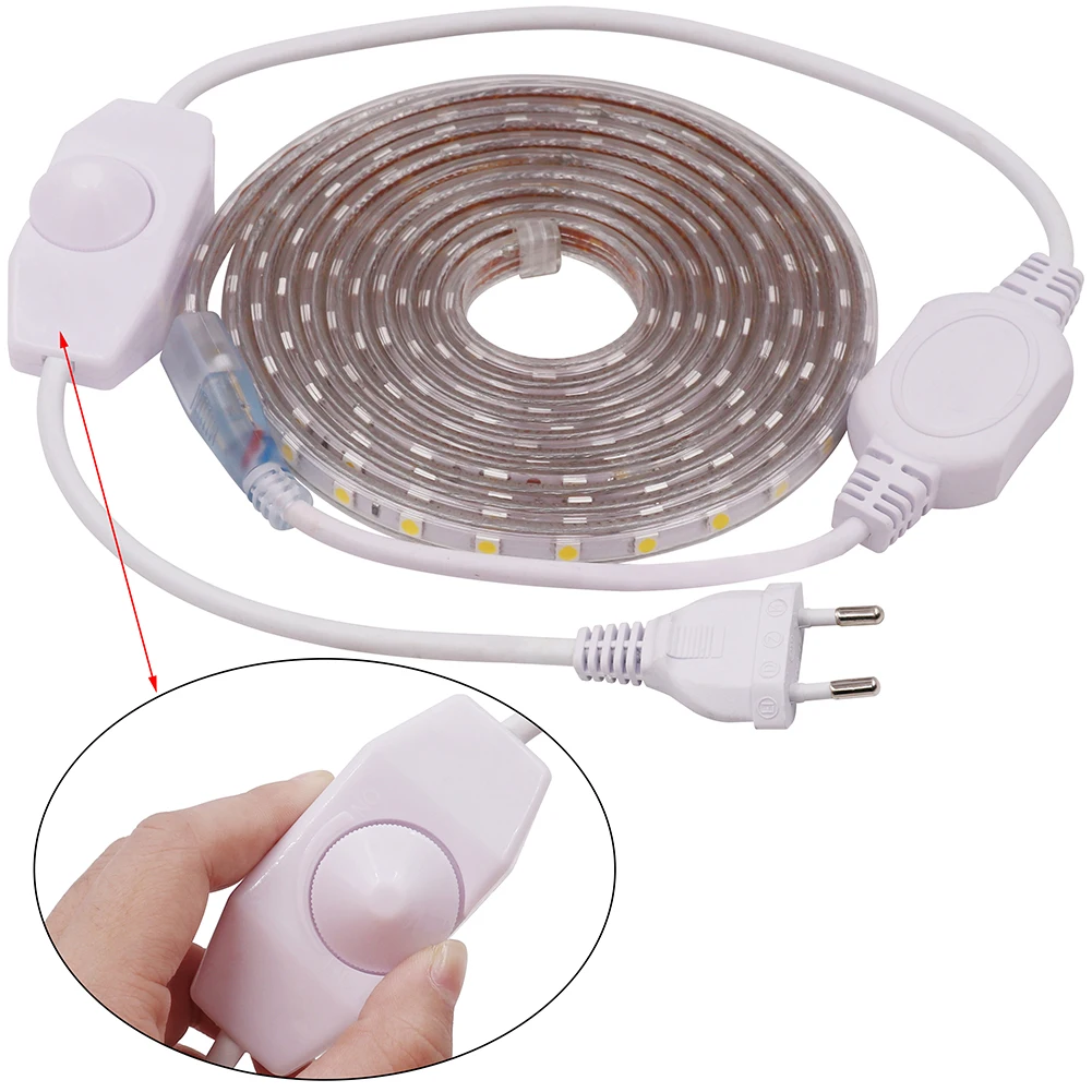 5050 SMD LED Light Strip 220V 110V Waterproof 60LEDs Flexible Tape Ribbon With ON/OFF Dimmer Switch Plug Waterproof Stripe Rope