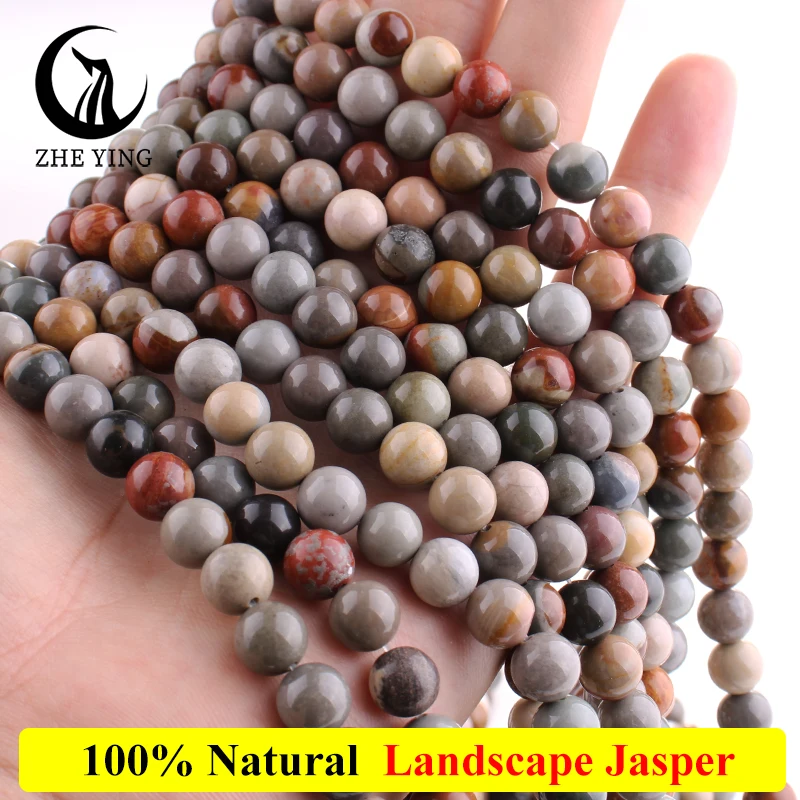

Zhe Ying Natural U.S Landscape Jasper Beads Loose Smooth Picture Jasper Gemstone Round Beads for Jewelry Making