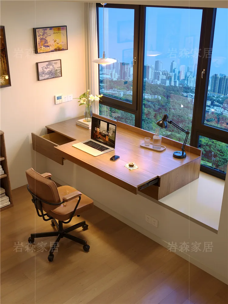 Solid wood bay window cabinet custom window sill computer desk lifting writing desk with drawer storage cabinet table sliding