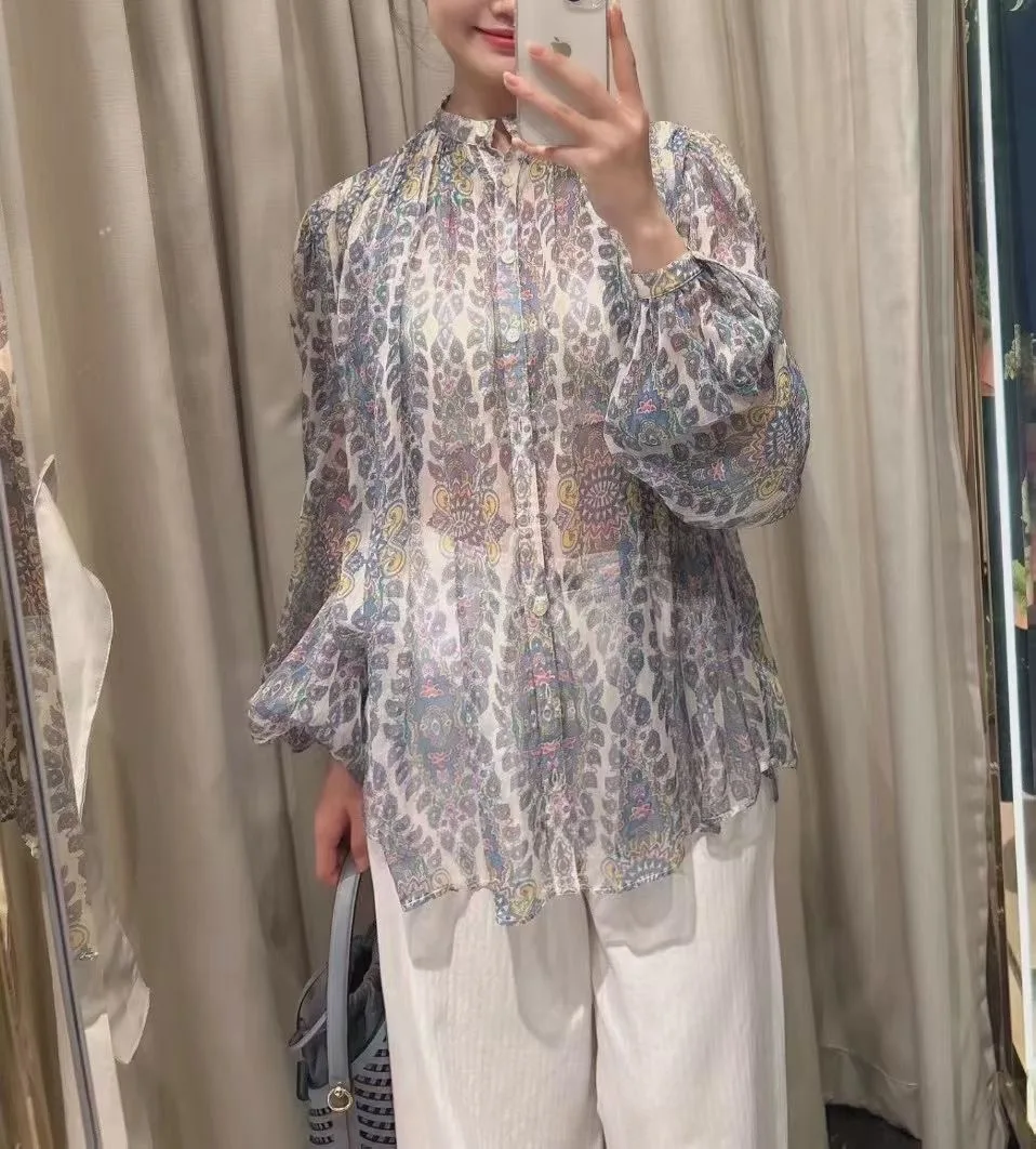 

Women 100% Silk Flower Printed Fairy Style Puff Long Sleeve Pleated Shirt