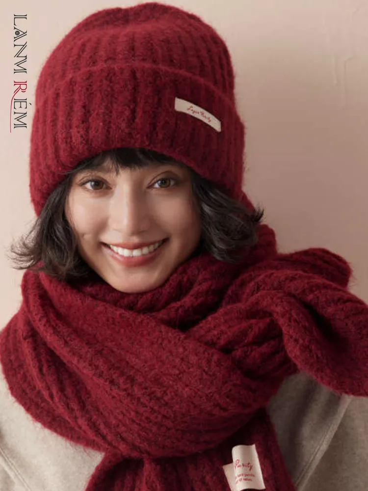 [LANMREM] 2 Piece Set Women\'s Wool Knit Hat Thick Warm Scarf Casual Korean Style Versatile Suit Fashion 2024 Winter New 26C1476