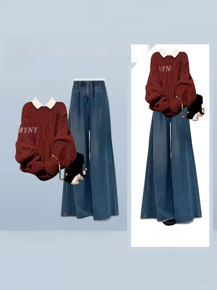 

Красный свитер с поворотом, свободные широкие джинсы, комплект футболок, осень-зима, новый комплект женской одежды для колледжа Wind Faion