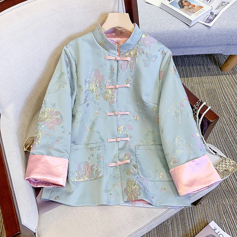 

Новый китайский рельефный костюм Тан с цветочным принтом, женский костюм больших размеров с воротником-стойкой в стиле пэчворк, длинный топ на пуговицах в стиле ретро