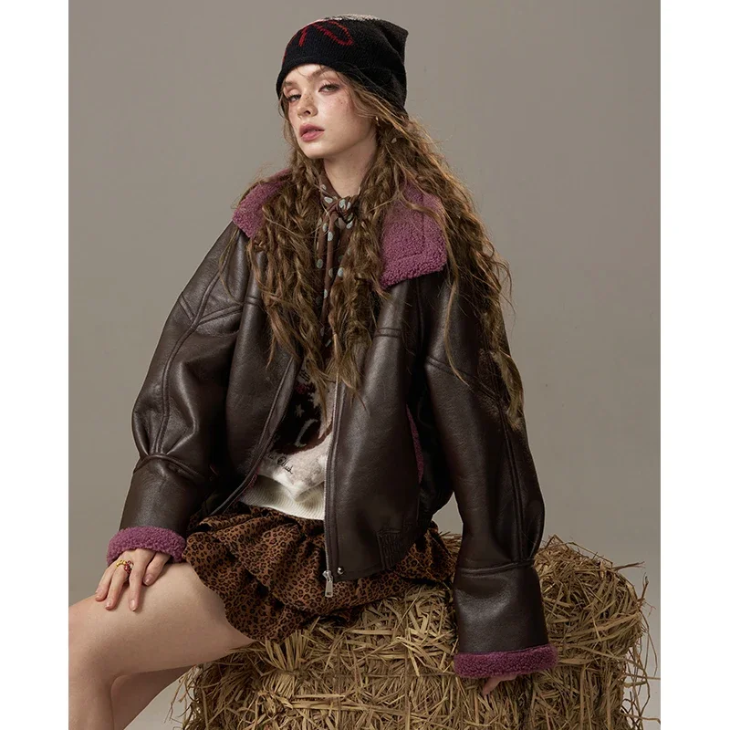 ELFSACK Casual Faux Fur Panel Color Block Loose Fit Leather Jacket For Woman