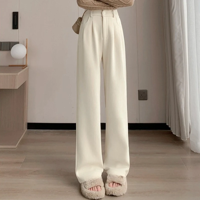 الخريف الشتاء عالية الخصر المخملية المرأة بنطال ذو قصة أرجل واسعة جيوب 2025 جديد زر واحد الكورية بناطيل فضفاضة غير رسمية الإناث #4