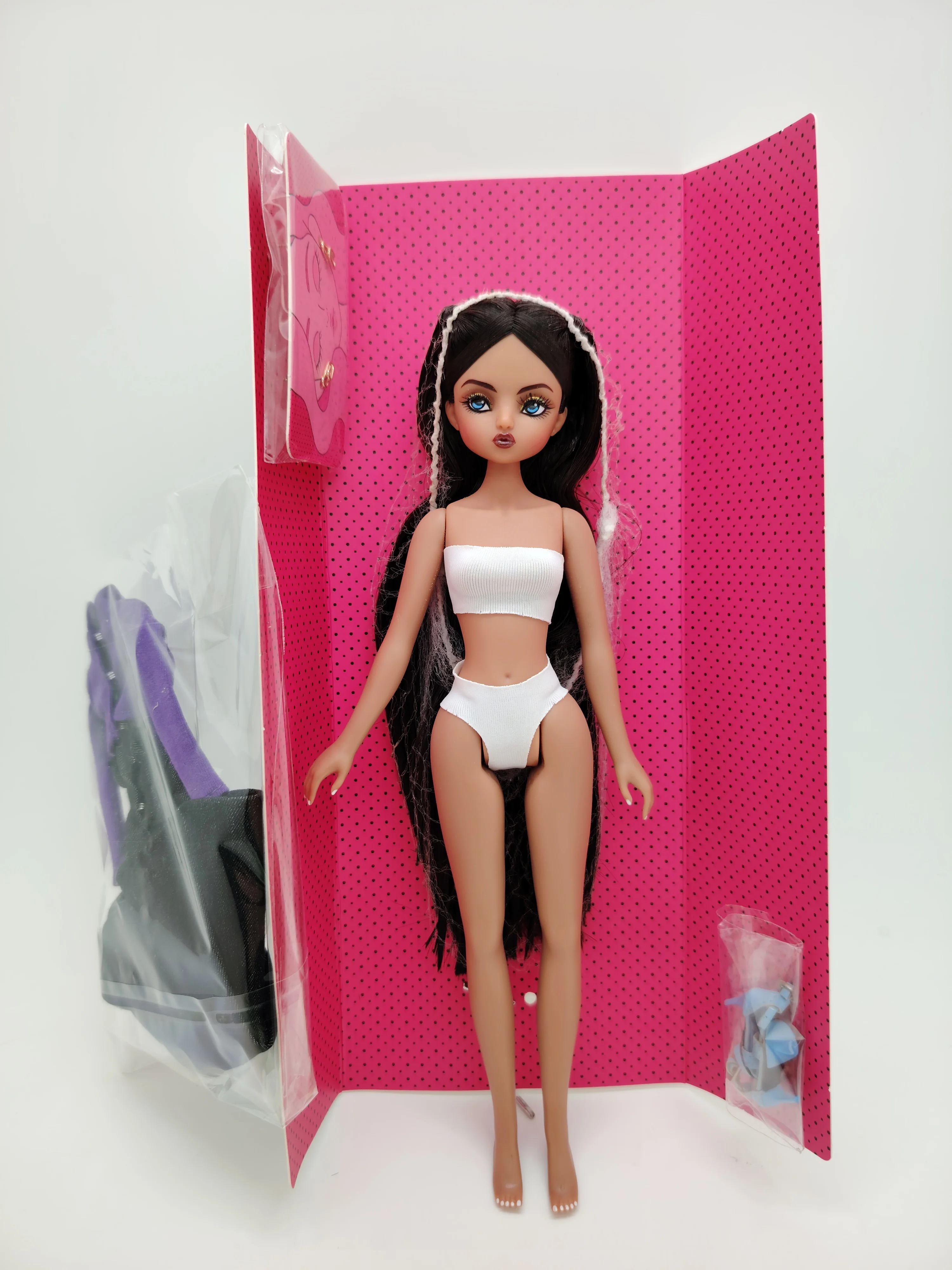 Fashion Cute SuperMico Girl 1/6 Scale with Pink Hair And Black Outfit Set Collectible Doll