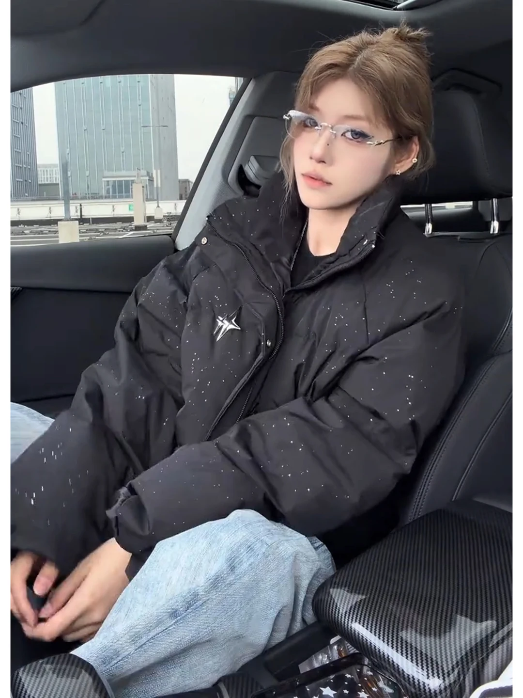 Black High Collar Thickened Cotton Jacket Men's Winter American Style Boxy Short Coat Metal Emblem Casual Warm Youth 