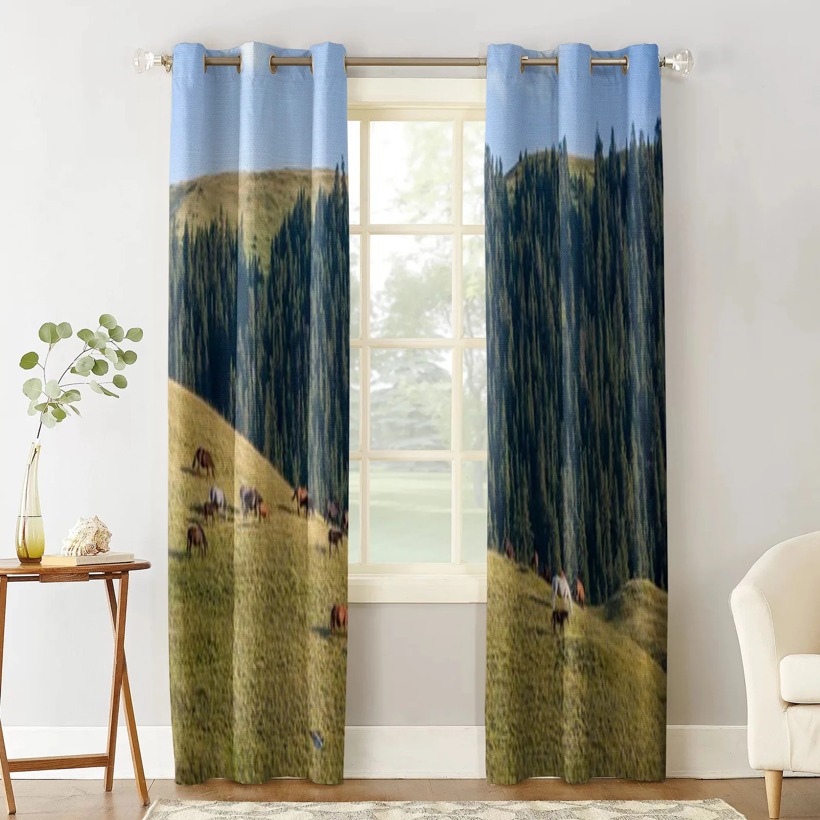 Large Herd Of Horses Grazing At Sunset In Mountains Curtains For Kitchen Bedroom Window Curtains for Living Room Drapes