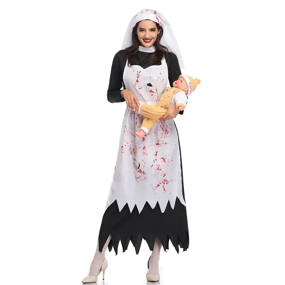 Horror Bloody Nun Kostuum Cosplay Enge Vrouwen Halloween Party Fancy Dress