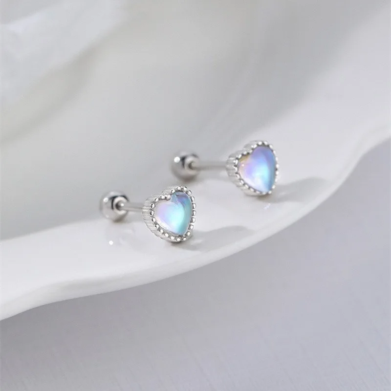 Fashion Heart-shaped Natural Moonstone Stud Earrings for Women Advanced Versatile Screw Bead Ear Piercing Party Jewelry Gifts