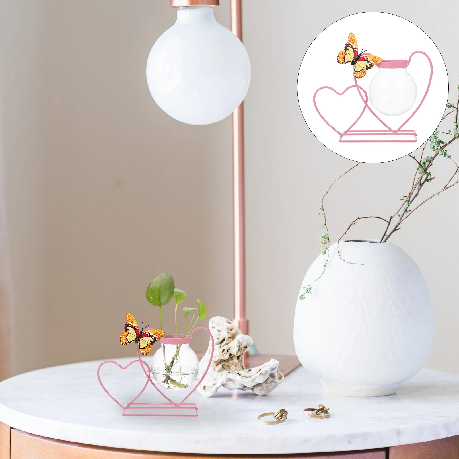 

Glass Vase Hydroponic Planter Heart Shape Metal Support Flowerpot Green Plant Display Ornament Glass Vase Green Plant Container