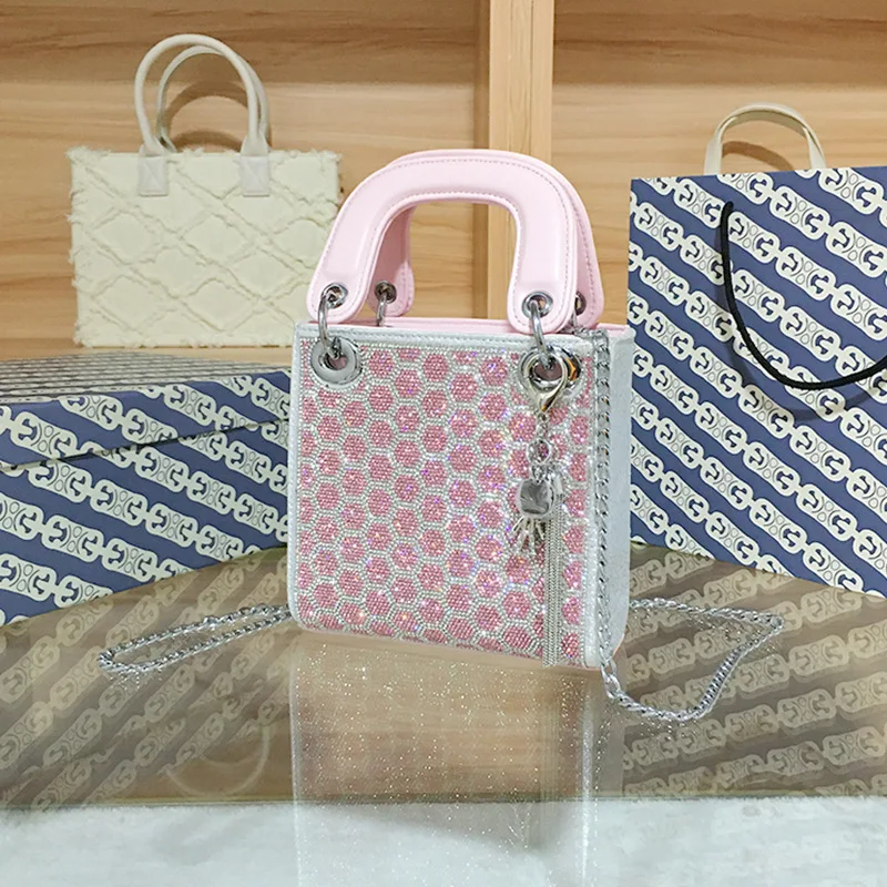 2024 bolsos cuadrados con diamantes para mujer, Mini bolsos de hombro con correa de cadena, bolsos cruzados a la moda, bolsos de calidad con asa