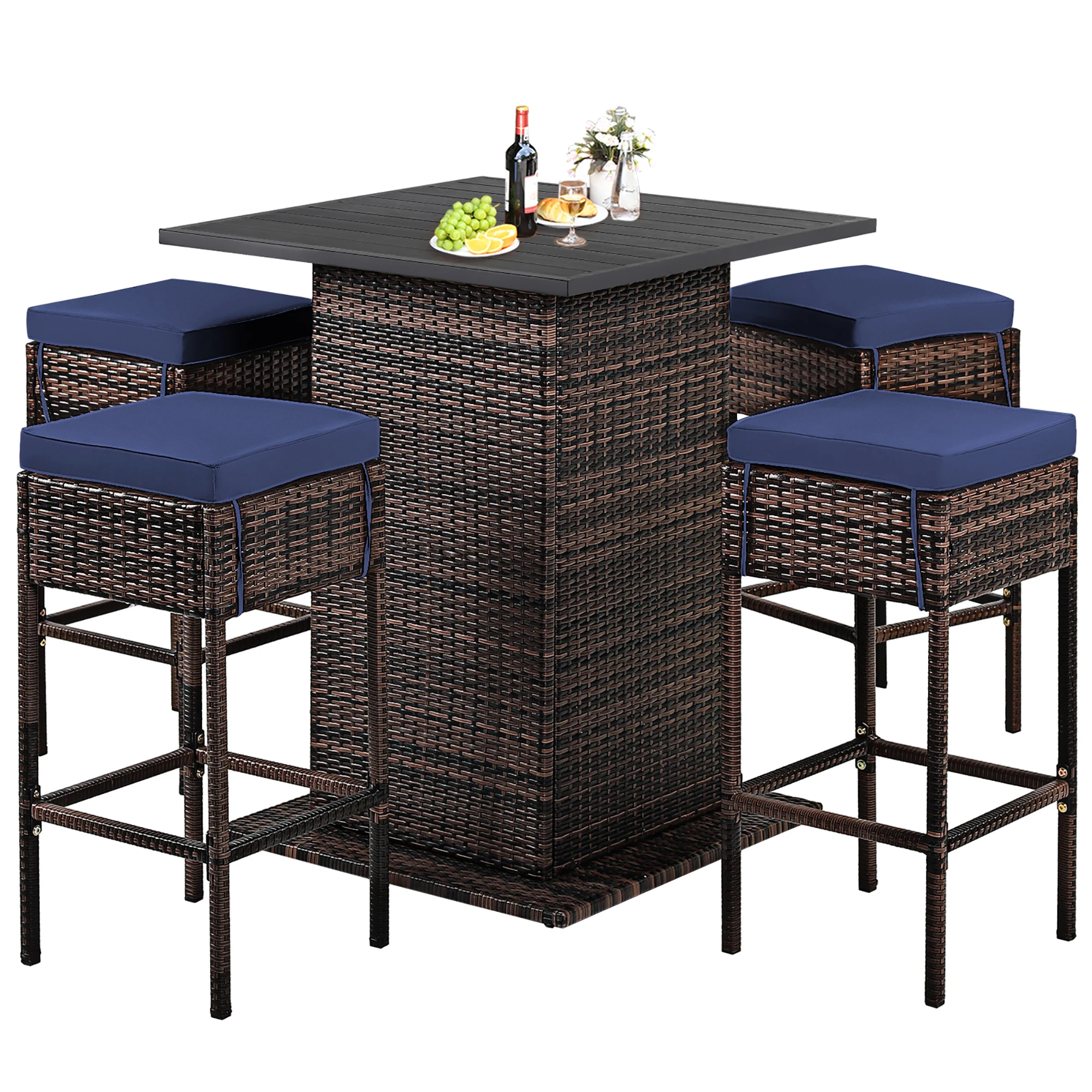 5PCS Patio Rattan Bar Table Stool Set Hidden Storage Shelf Cushioned