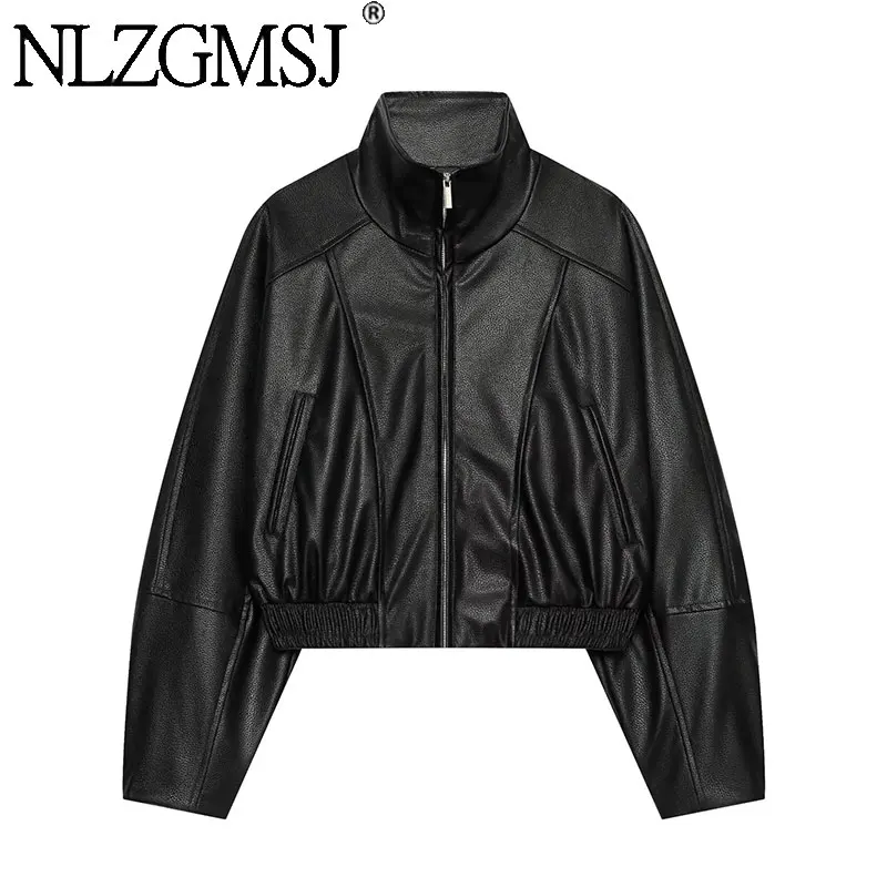 Nlzgmsj 2026 Autumn Women Faux Leather  Stand Collar Zipper JacketLong Sleeve Elastic Hem Loose Streetwear Lady Short PU Coat