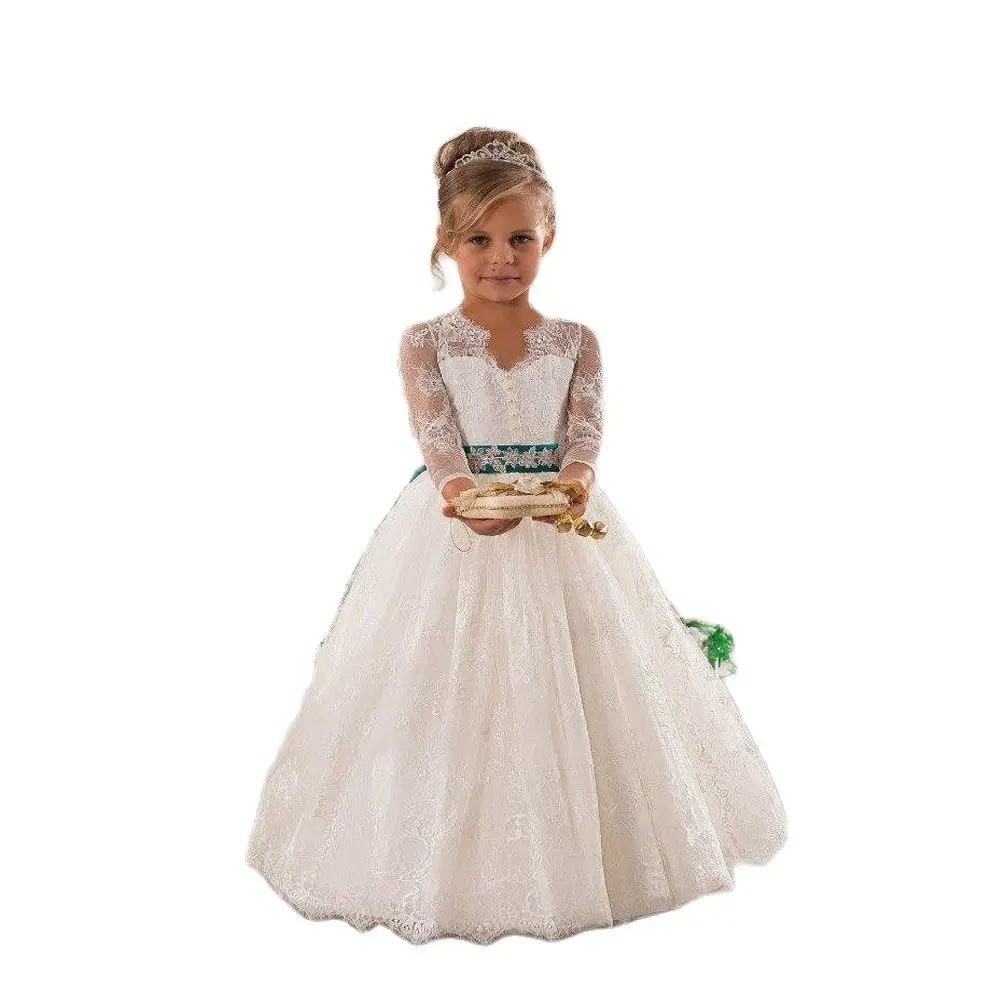 

Flower Girls Dresses For Wedding Princess Sheer Neck Long Sleeves Lace Appliques First Communion Dress For Kids Girl