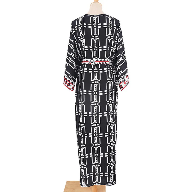 كيمونو نسائي طويل مطبوع بوهيمي ، فستان شاطئ ملفوف ، غطاء بيكيني ، ملابس صيفية ، بدلة سباحة ، سترة سترة متخفية