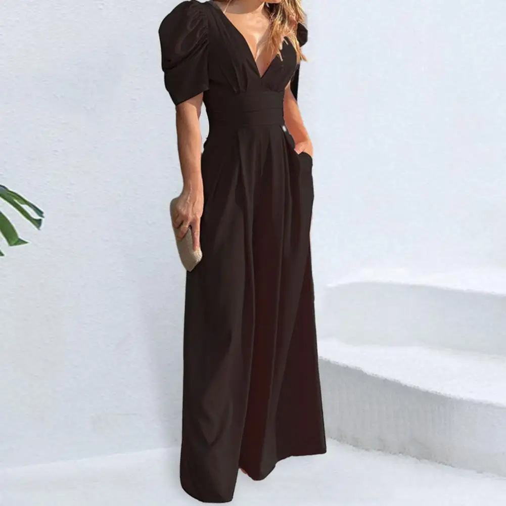 Women Polyester Spandex Rompers Stylish Women's Jumpsuit with Puff Sleeves V-neck Hollowed Waist Tie Wide Leg Pants for Street