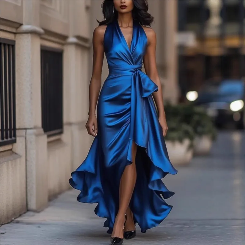 

Elegant Sexy Women Evening Dress Solid color Satin Irregular Slit Dresses Deep V Neck Backless Slim Waist Lace-Up for Lady Party