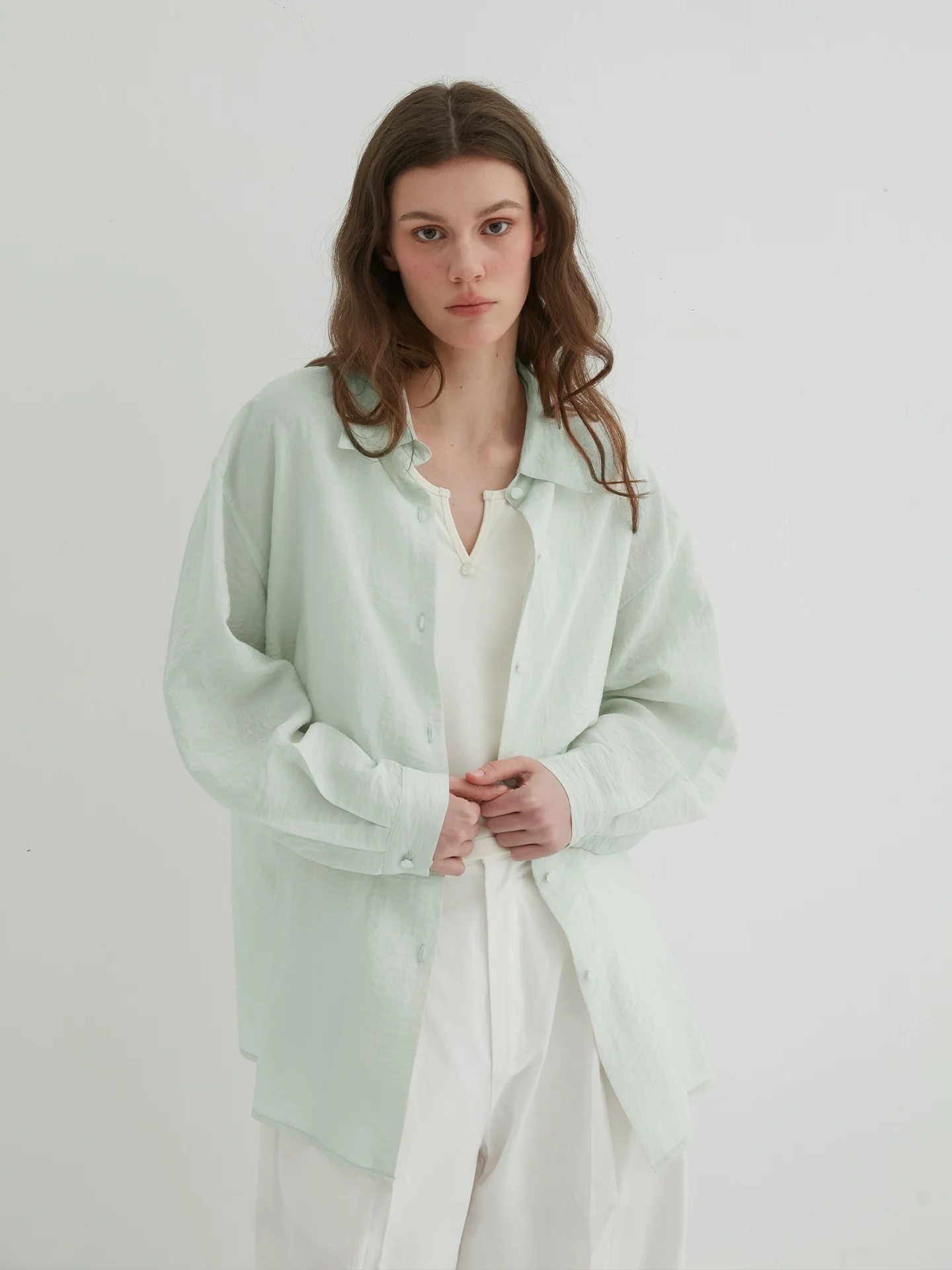 

Light Mint Green Silk Blend Shirt Casual Loose Fit Anti-Wrinkle Breathable Skin-Like Feel Nylon Blend Women's Long Sleeve Shirt