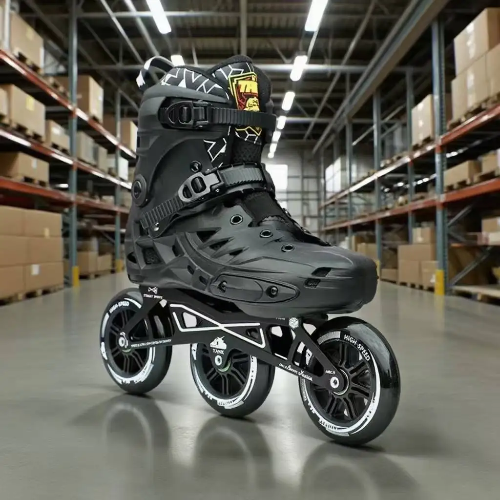 

Roller Skates Large Three-Wheel Speed Single Row Inline Skates Black Adult Impact Resistant PP Shell PU Wheels
