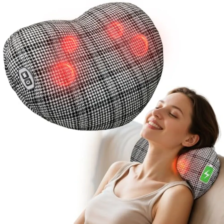 

Back Massager for Pain Relief: plush skin-friendly kneading pillow, cordless 120min operation, gray fabric, full-body relaxatio