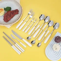 1Pcs Milk White Ceramic Tableware Kitchen Cutlery Steak Knife Dinner Fork Teaspoon Dessert Cake Fork Chopsticks Steel Coffee