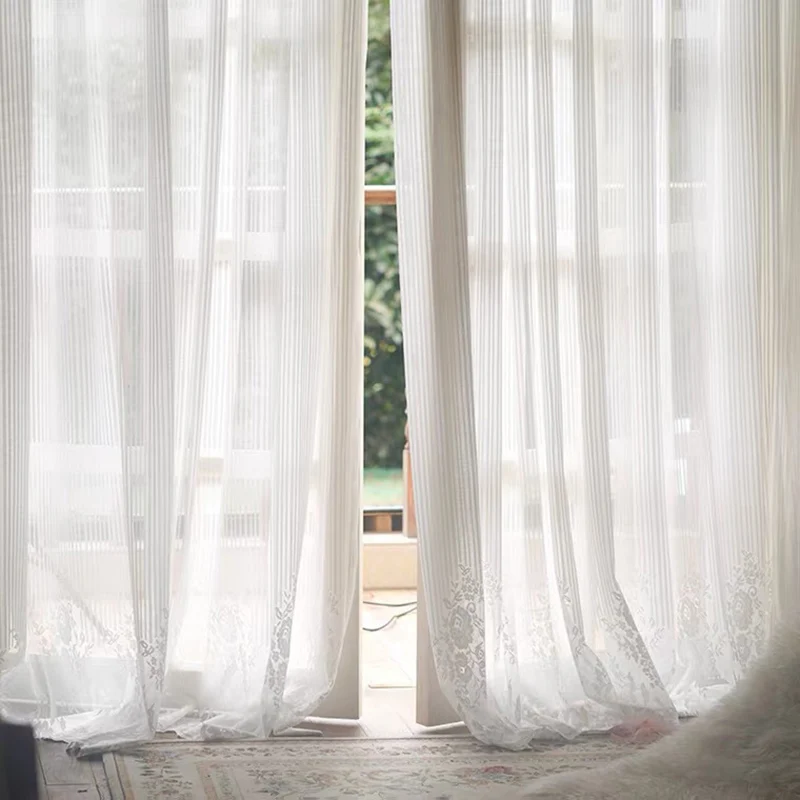 CHAXI Solid White Striped Vertical Tulle Window Sheer Curtain for Living Room Bedroom Voile With Jacquard Hem Drape Custom Made