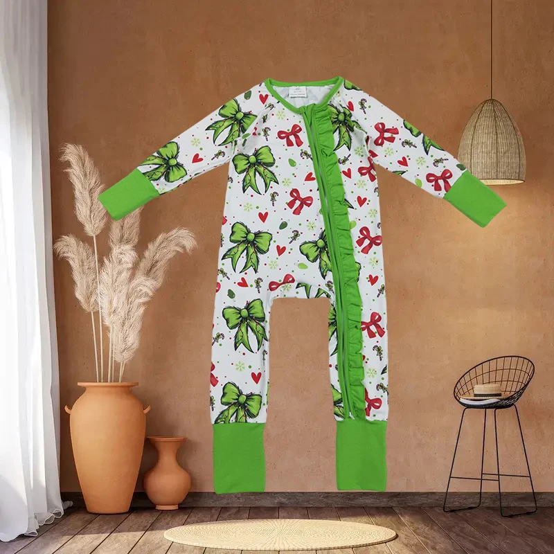 

C8.14 оптовая продажа, осенний бутик, детские комбинезоны для новорожденных девочек, зеленые, красные банты, сердечки, рождественские комбинезоны на молнии с рюшами