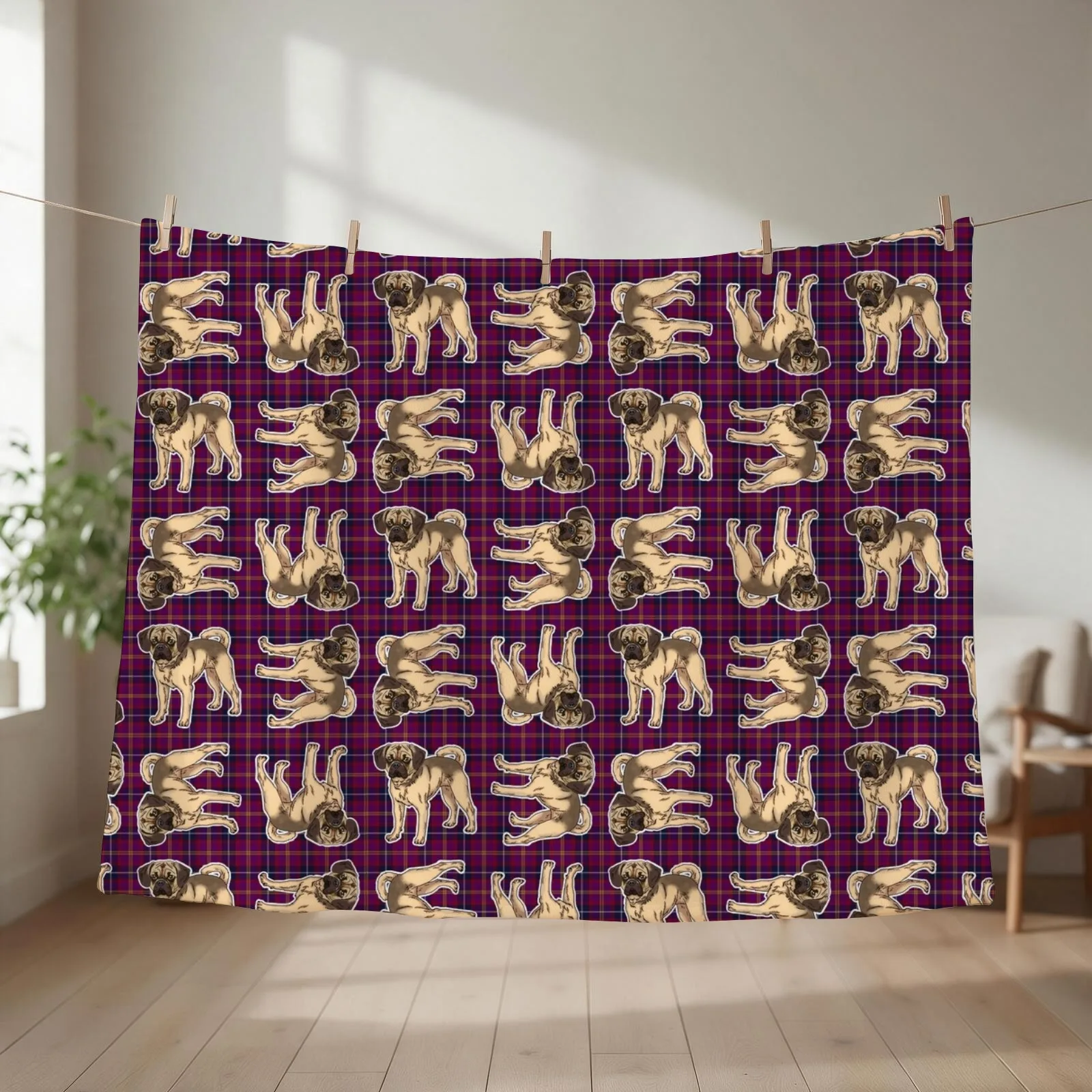 Puggle on Tartan SMALLER REPEAT of around the clock pattern Throw Blanket Luxury Baby wednesday Blankets