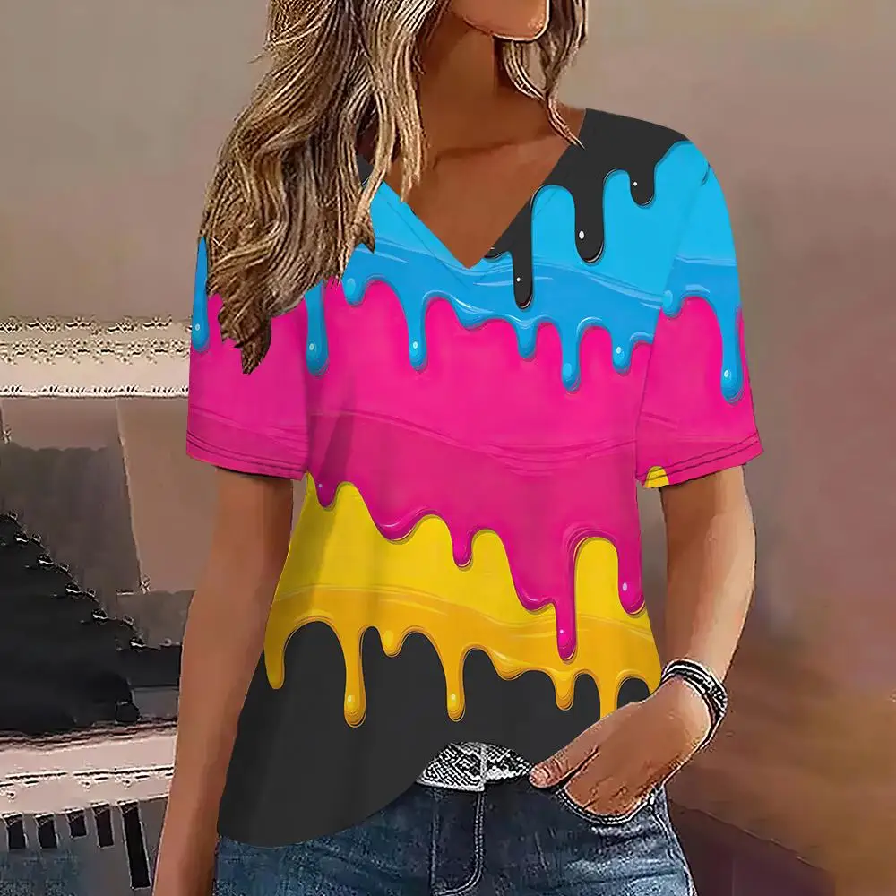 Summer Watercolor Flow 3D Print T-shirt Women Streetwear Casual T Shirts Y2k Tops Woman Harajuku V-Neck Tees Oversized Clothing