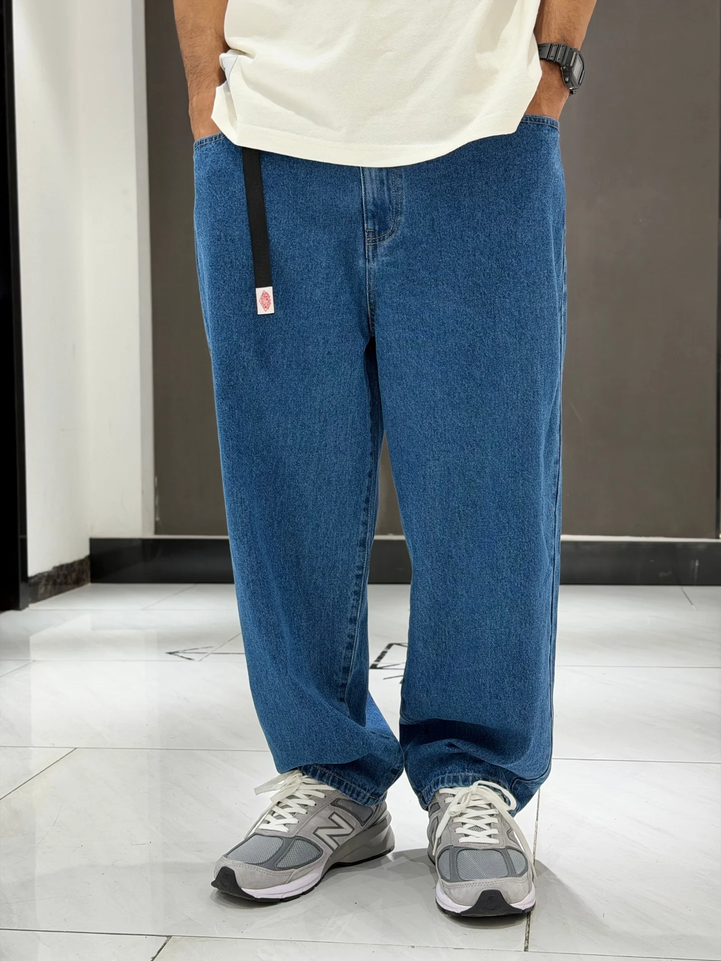 Washed Japanese Style Functional Wide Leg Men's Jeans Loose Fit Straight Workwear Long Pants Breathable Comfortable Cotton