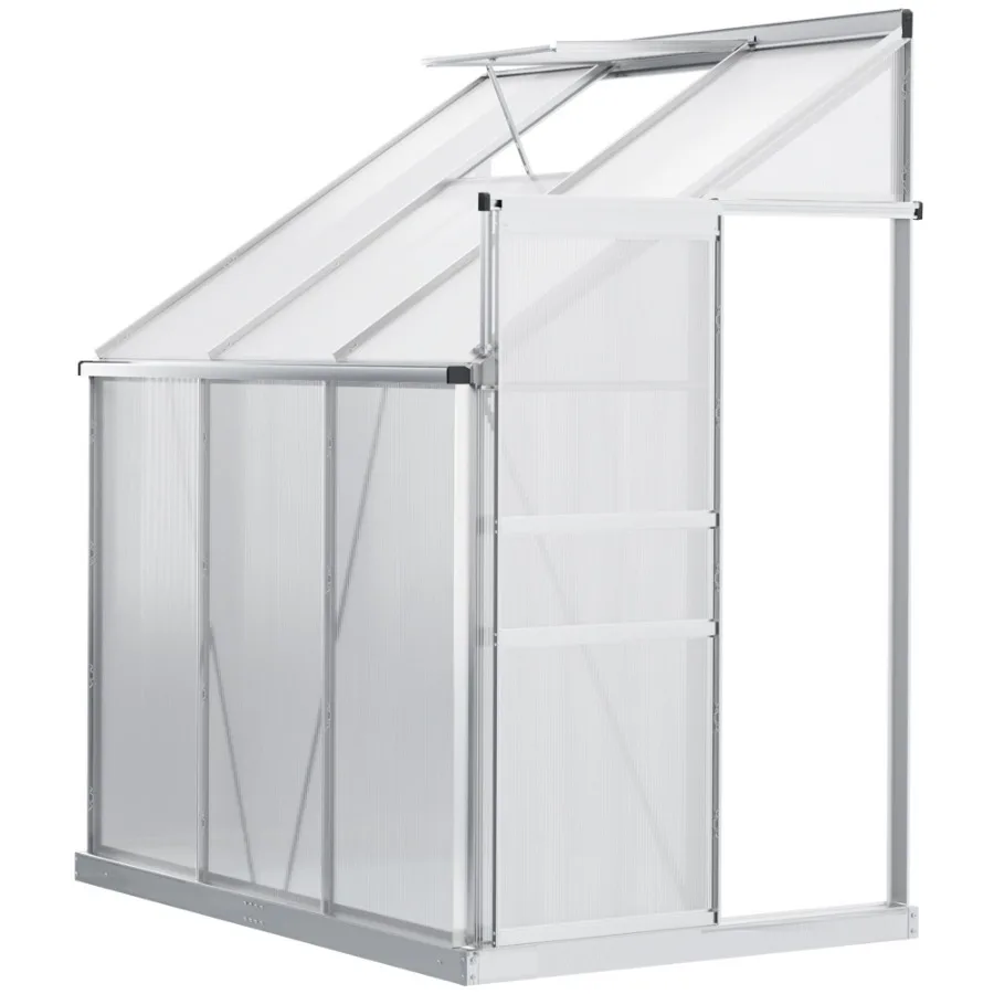 

Walk-in garden greenhouse for outdoor use, aluminum frame with polycarbonate panels, green color, features adjustable roof vent