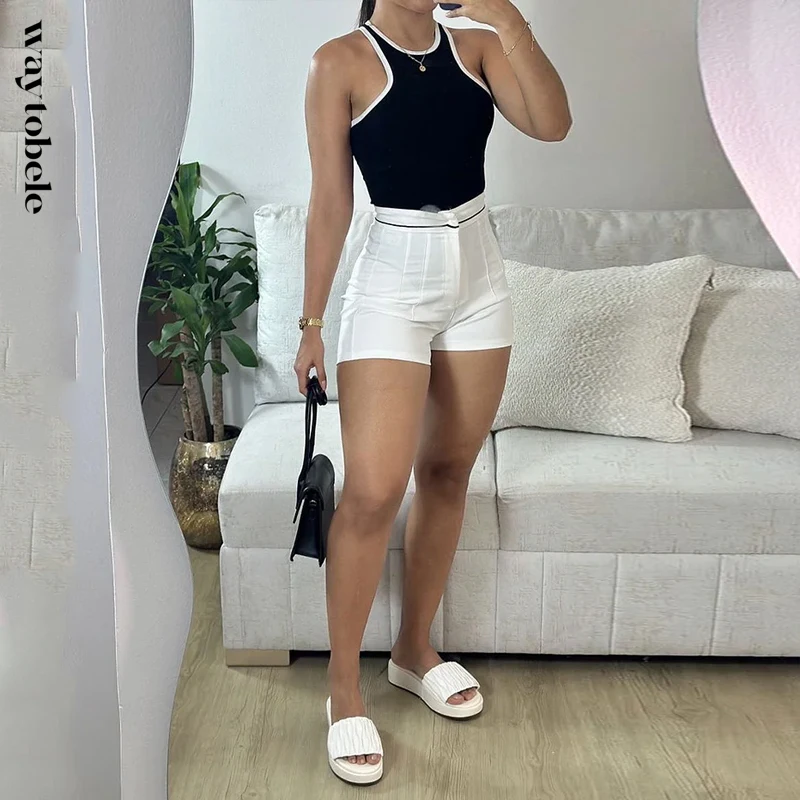 Waytobele Two Piece Set Women Summer Casual Fashion Solid Round Neck Slim Patchwork Vest Shorts Top Mini Shorts Pants Sets