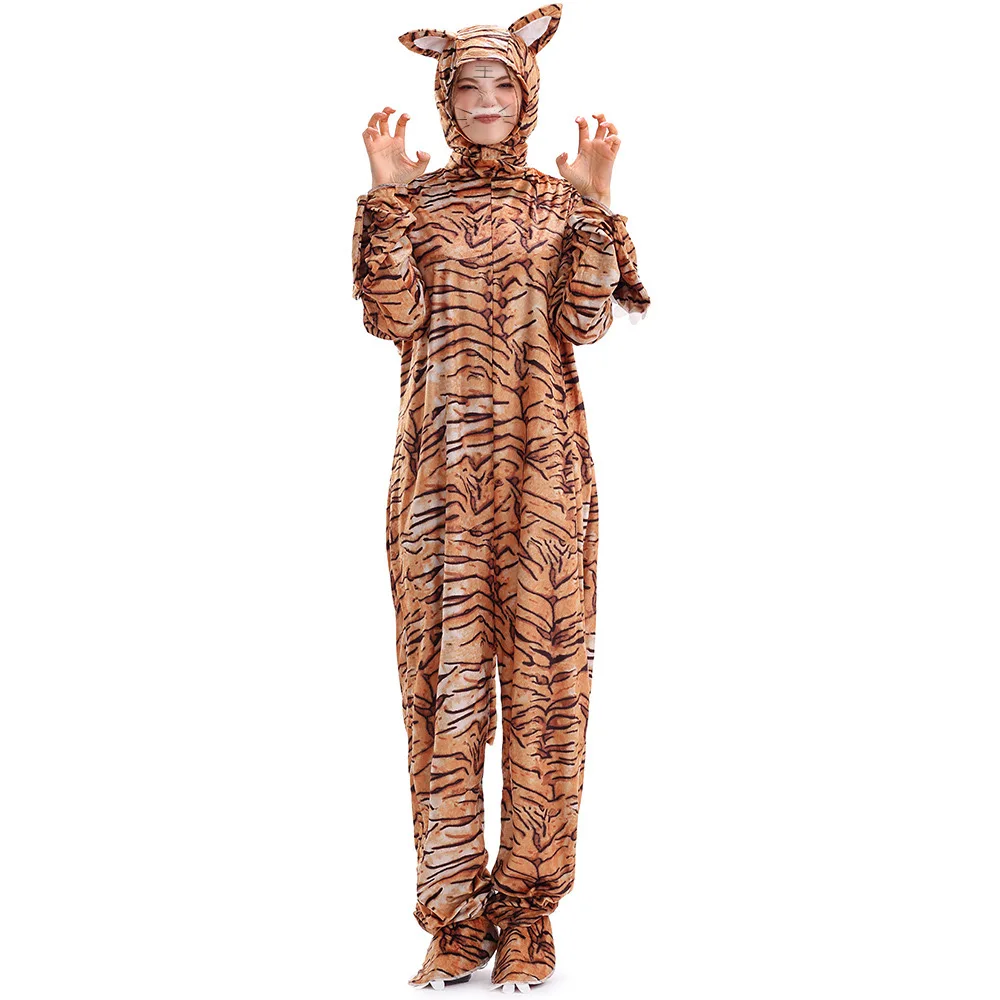 

Women Halloween Tiger Costumes Female Animal Cosplay Adult Winter Pajamas Carnival Purim Parade Stage Role Play Show Party Dress