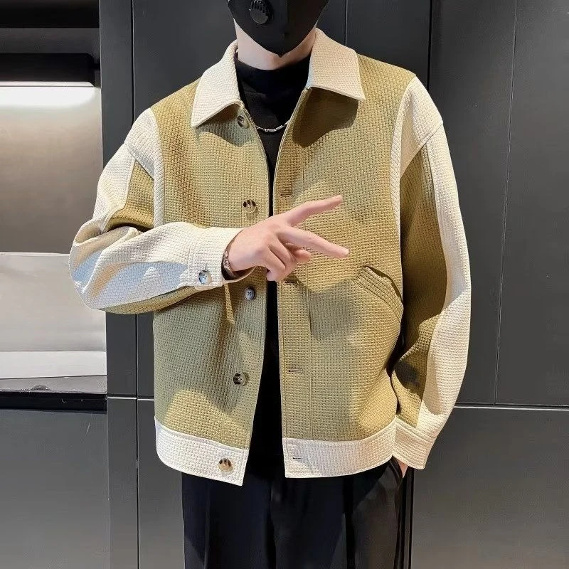 

Мужская повседневная приталенная куртка с отложным воротником, двухцветный дизайн с цветными блоками, корейский стиль, весна-осень-зима, модная верхняя одежда