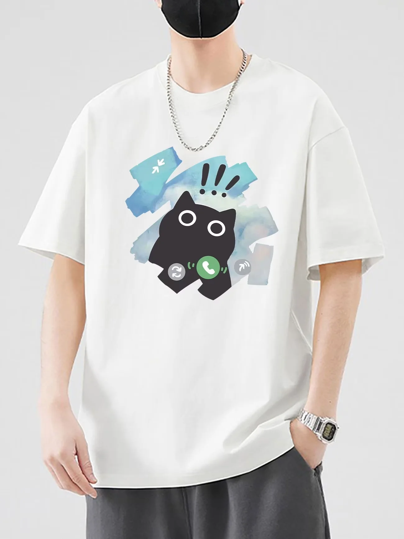 Cute Cat Phone Call Print T-Shirt Men Creative Graphic Tee Summer Fashion Casual Short Sleeve Top Hip Hop Streetwear T-Shirt