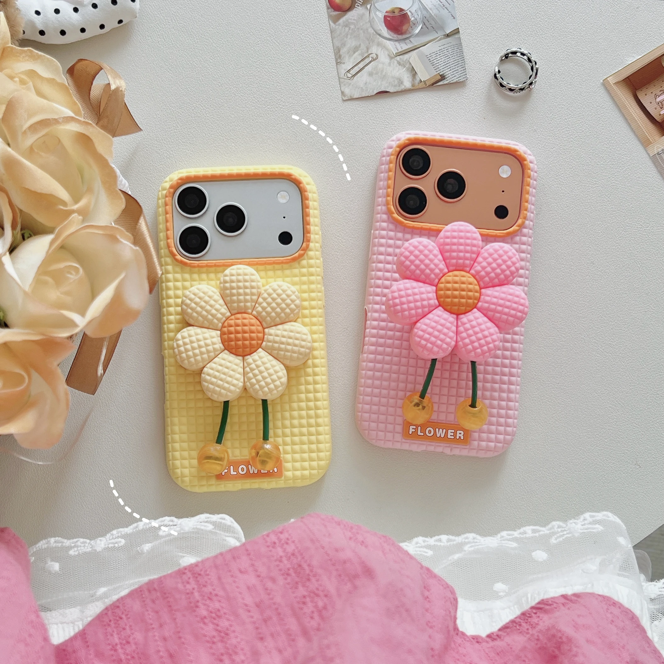3D Stereo Flower Silicone Phone Case Retractable Kickstand,Wrist Strap,Cute Lattice Texture Soft Cover For iPhone 17 16 15 14 13