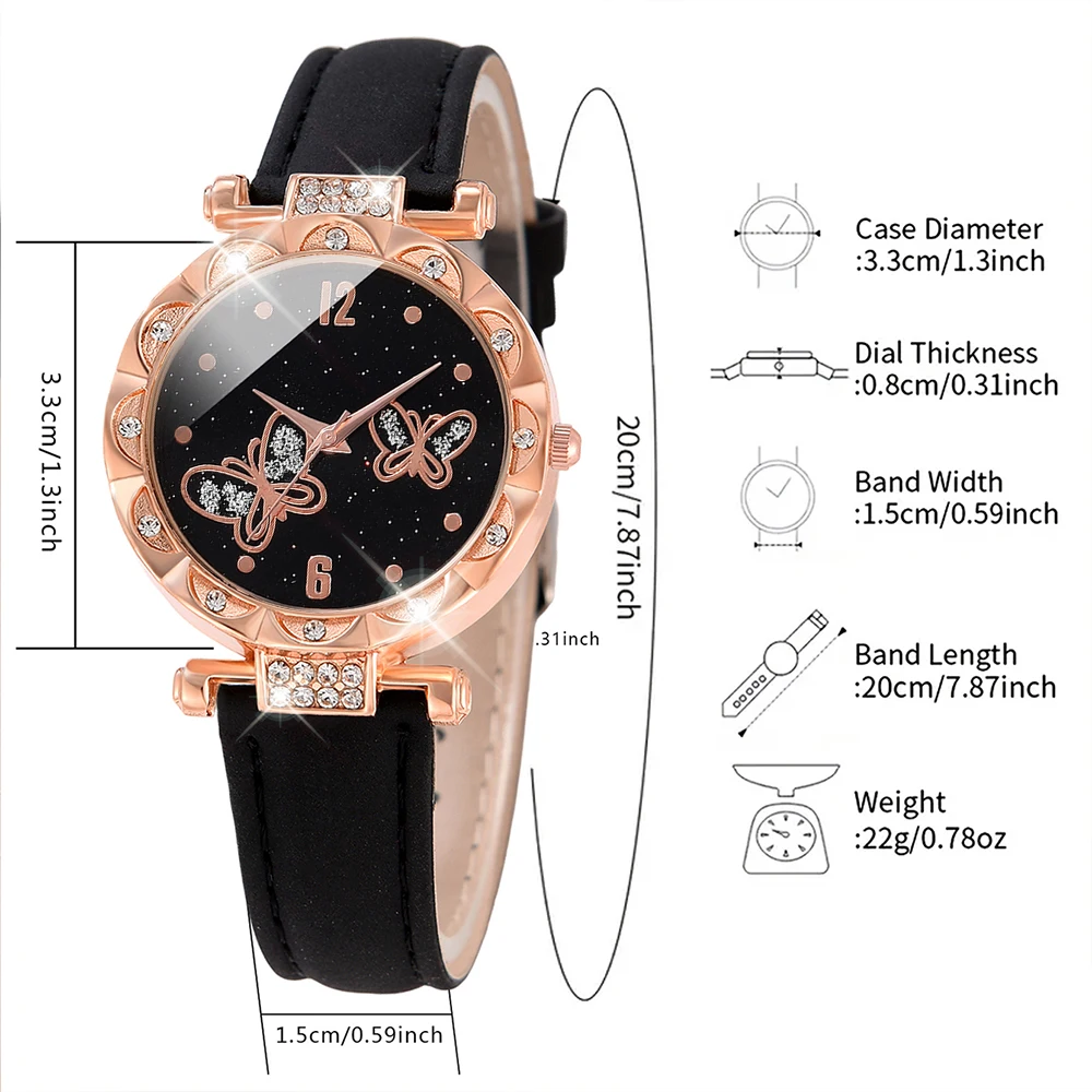 1PCS Simple Luxury Butterfly Element Leather Strap Watch Black Casual Fashion Quartz Watch Is The Perfect Gift For Her (No Box)